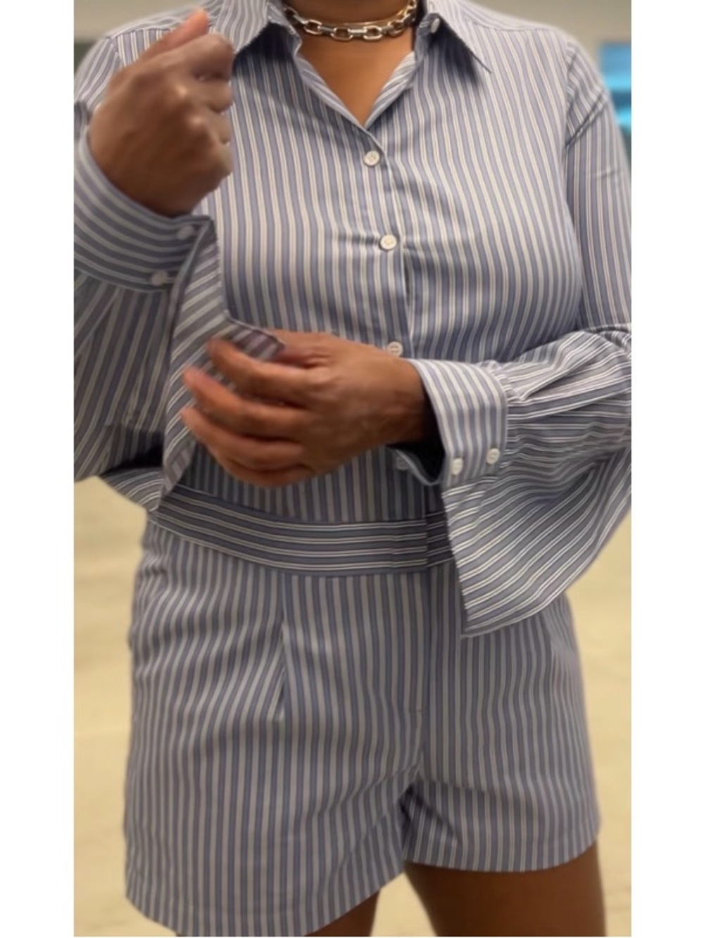 BCBG Blue and White Striped Long-Sleeve Romper